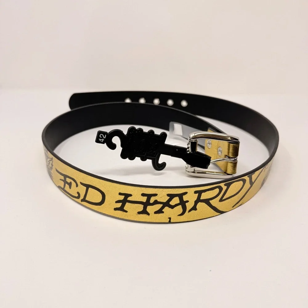 Ed Hardy Mens Metallic Gold Tiger Tattoo Graphic Belt Rhinestone Buckle 42 NEW
